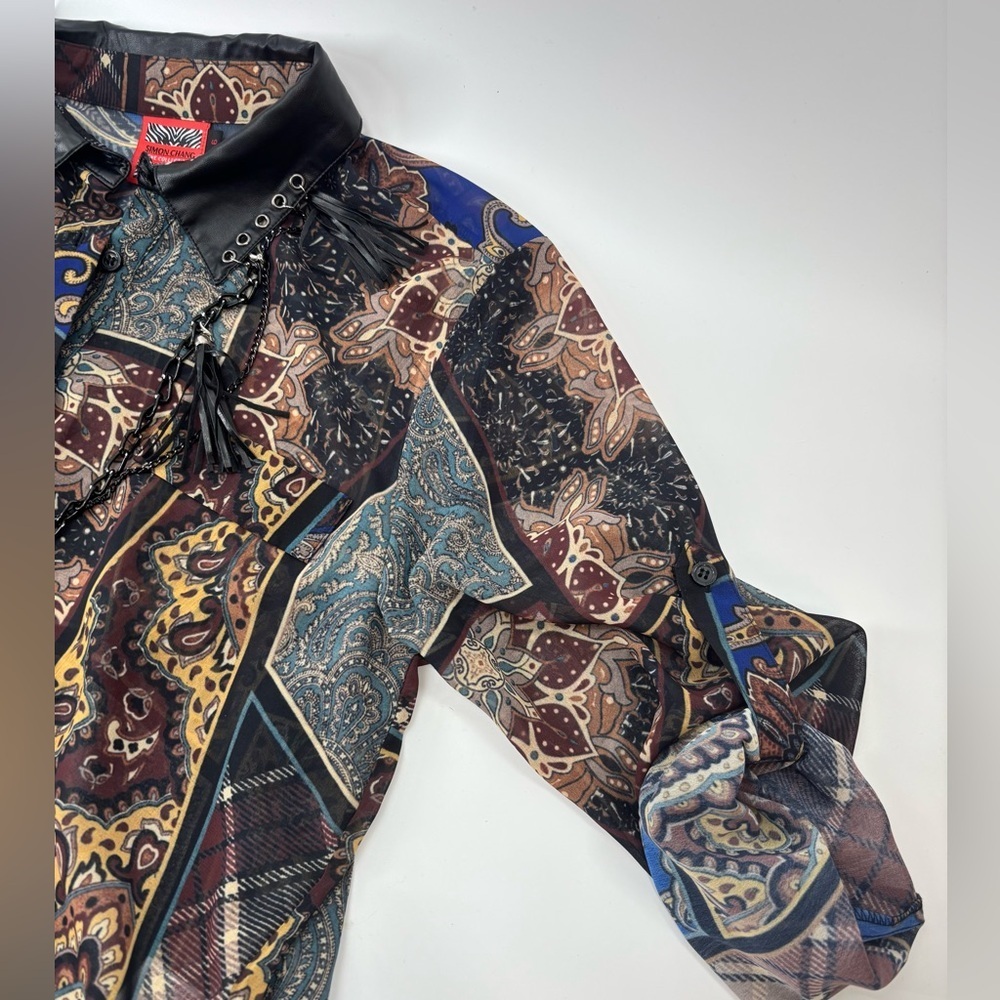 Vtg Simon Chang Collection patchwork print shirt with chains tassels 6 - Picture 13 of 16